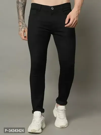 Stylish Black Denim Solid Jeans For Men-thumb0