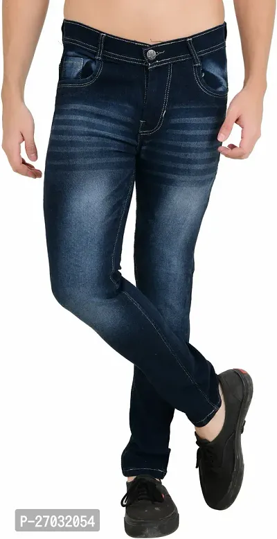 Classic Blue Cotton Blend Solid Jeans For Men