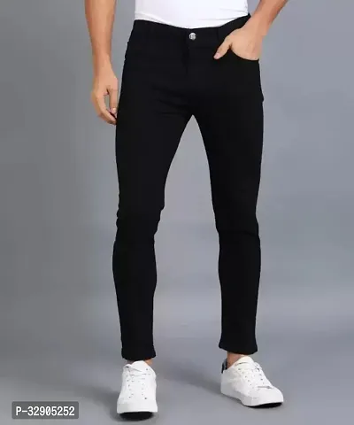 Stylish Black Denim Solid Regular Fit Jeans For Men-thumb0