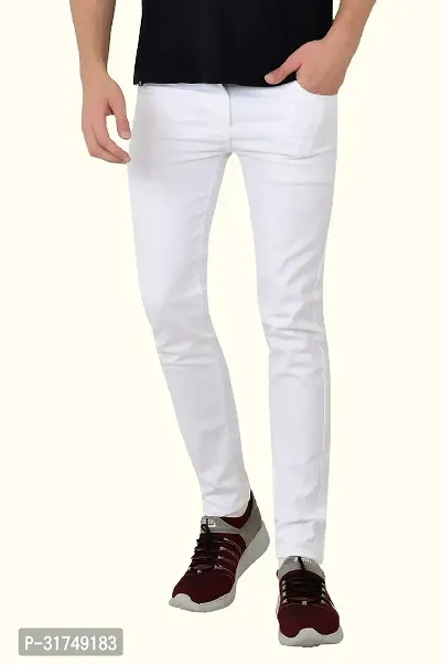 Stylish White Cotton Blend Solid Mid-Rise Jeans For Men-thumb0