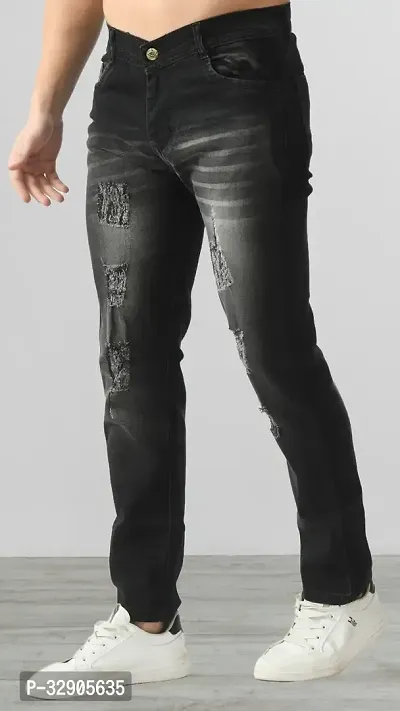 Elegant Grey Denim Distress Mid-Rise Jeans For Men-thumb0