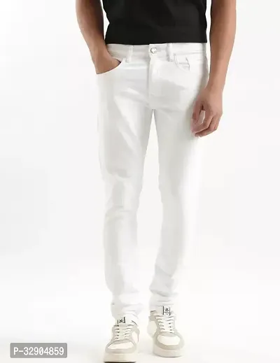 Stylish White Denim Solid Regular Fit Jeans For Men-thumb0