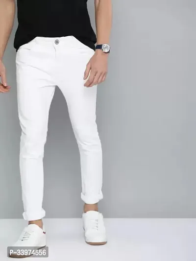 Stylish White Denim Solid Mid Rise Jeans For Men-thumb0