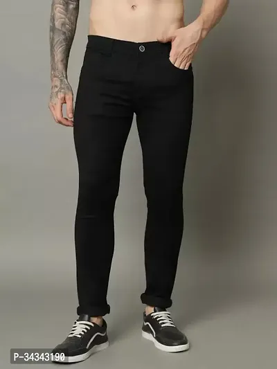 Stylish Black Denim Solid Jeans For Men-thumb0