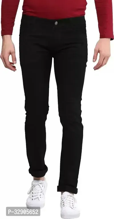 Elegant Black Denim Solid Mid-Rise Jeans For Men-thumb0