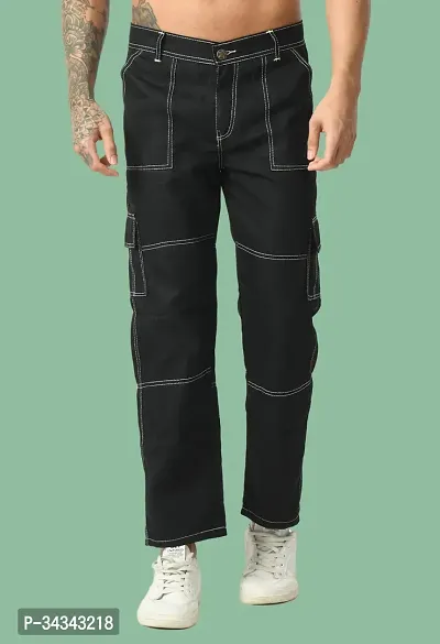 Stylish Black Denim Solid Jeans For Men-thumb0