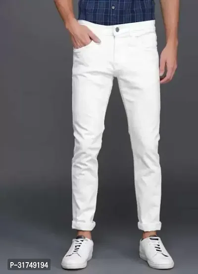 Stylish White Cotton Blend Solid Mid-Rise Jeans For Men-thumb0