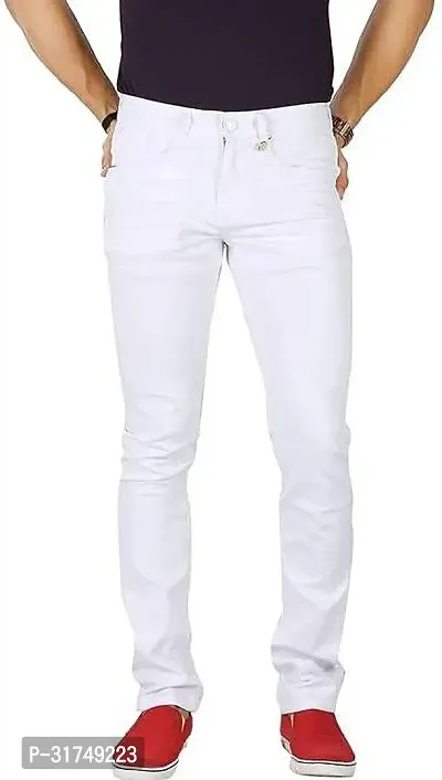 Stylish White Cotton Blend Solid Mid-Rise Jeans For Men-thumb0