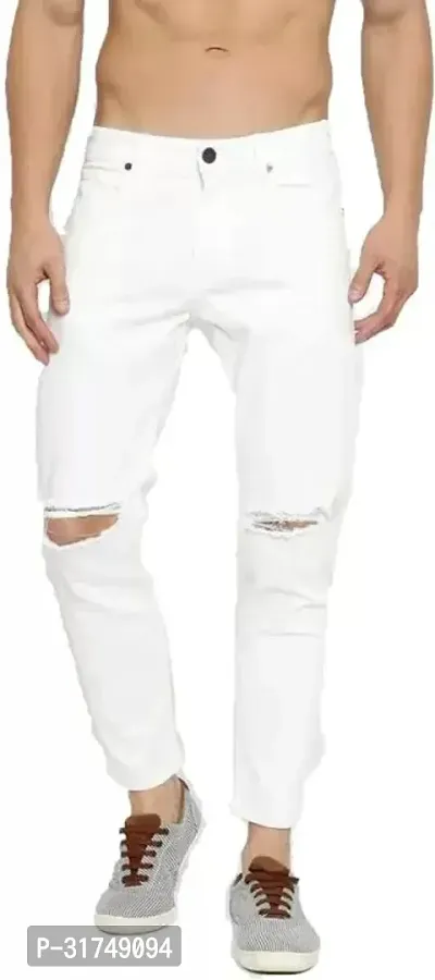 Stylish White Cotton Blend Solid Mid-Rise Jeans For Men-thumb0