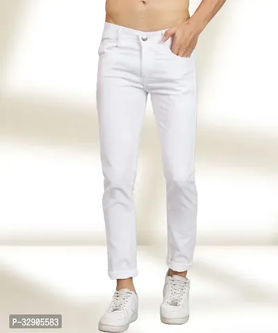 Elegant White Denim Solid Mid-Rise Jeans For Men-thumb0