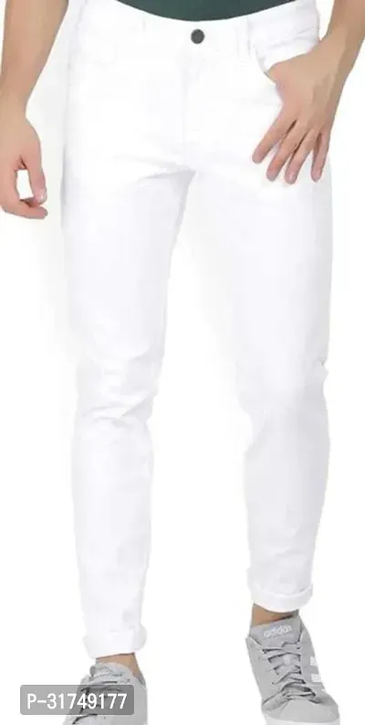 Stylish White Cotton Blend Solid Mid-Rise Jeans For Men-thumb0