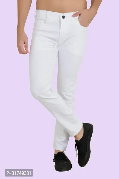 Stylish White Cotton Blend Solid Mid-Rise Jeans For Men-thumb0