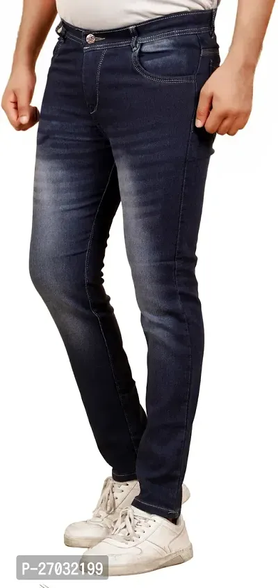 Classic Blue Cotton Blend Solid Jeans For Men