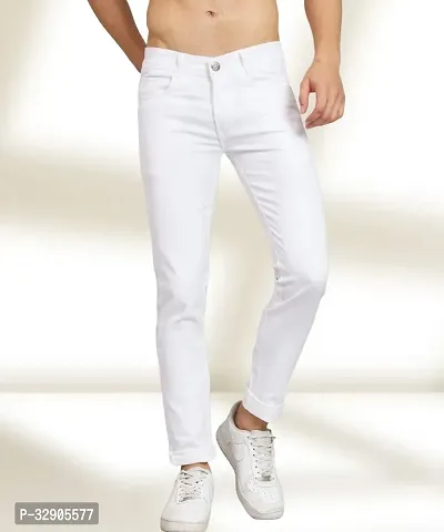 Elegant White Denim Solid Mid-Rise Jeans For Men-thumb0