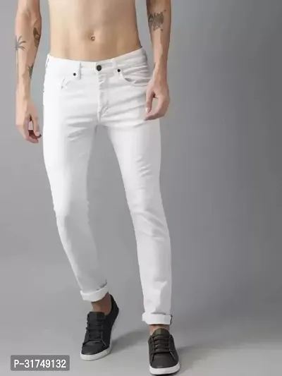 Stylish White Cotton Blend Solid Mid-Rise Jeans For Men-thumb0