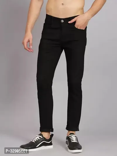 Elegant Black Denim Solid Mid-Rise Jeans For Men-thumb0