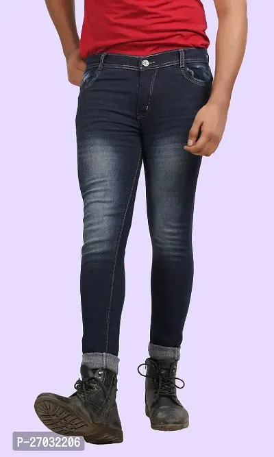 Classic Blue Cotton Blend Solid Jeans For Men