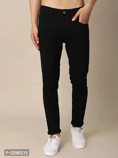 Stylish Black Denim Solid Regular Fit Jeans For Men-thumb0