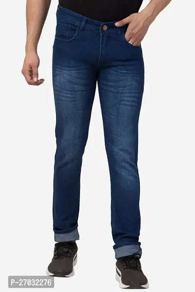 Classic Blue Polycotton Solid Jeans For Men