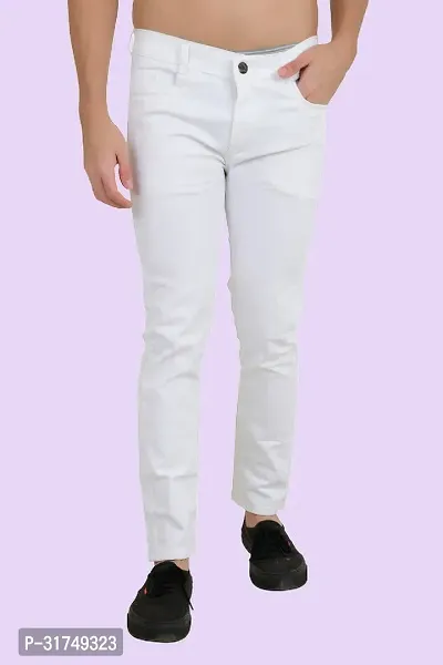 Stylish White Cotton Blend Solid Mid-Rise Jeans For Men-thumb0