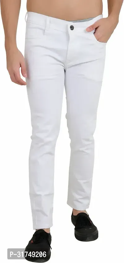 Stylish White Cotton Blend Solid Mid-Rise Jeans For Men-thumb0