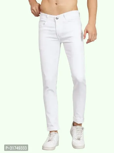 Stylish White Cotton Blend Solid Mid-Rise Jeans For Men-thumb0