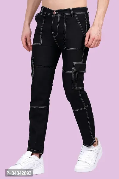 Stylish Black Solid Regular Fit Denim Jeans For Men-thumb3