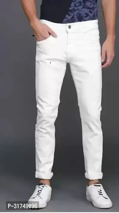 Stylish White Denim Solid Mid-Rise Jeans For Men-thumb0