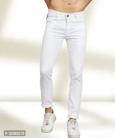 Elegant White Denim Solid Mid-Rise Jeans For Men-thumb0