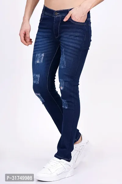 Stylish Blue Cotton Blend Solid Mid-Rise Jeans For Men