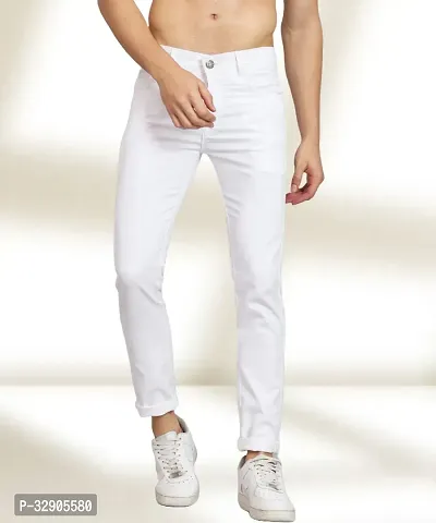 Elegant White Denim Solid Mid-Rise Jeans For Men-thumb0