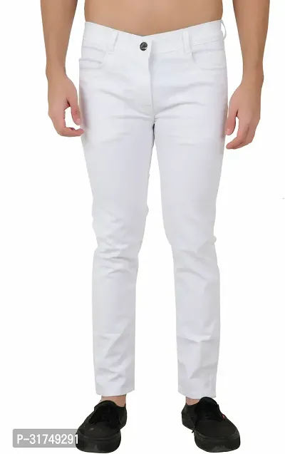 Stylish White Cotton Blend Solid Mid-Rise Jeans For Men-thumb0