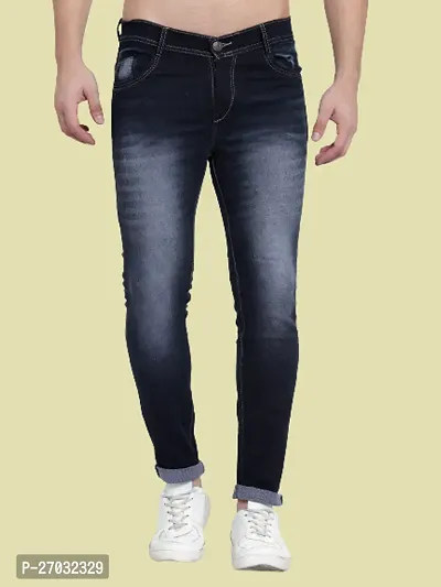 Classic Blue Cotton Blend Solid Jeans For Men