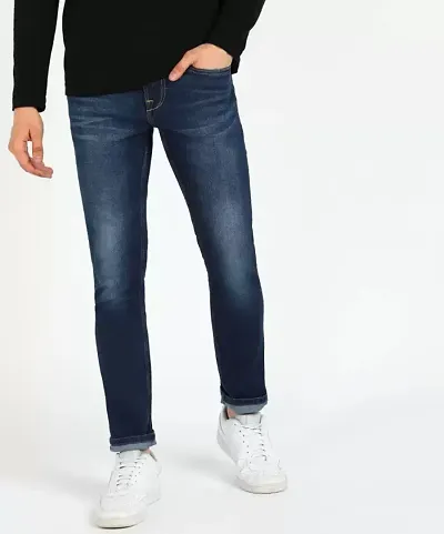 Classic Blue Cotton Blend Solid Jeans For Men