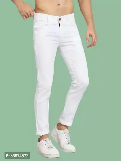 Stylish White Denim Solid Mid Rise Jeans For Men-thumb0