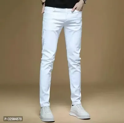 Stylish White Denim Solid Regular Fit Jeans For Men-thumb0