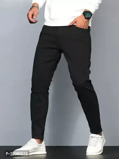 Elegant Black Denim Solid Mid-Rise Jeans For Men-thumb0