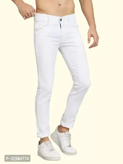 Stylish White Denim Solid Regular Fit Jeans For Men-thumb0