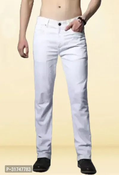 Stylish White Denim Solid Mid-Rise Jeans For Men-thumb0