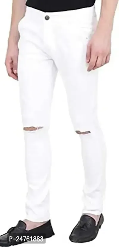 COMFITS Stylish Fashion Men's Slim Fit Jeans White Knee Cut