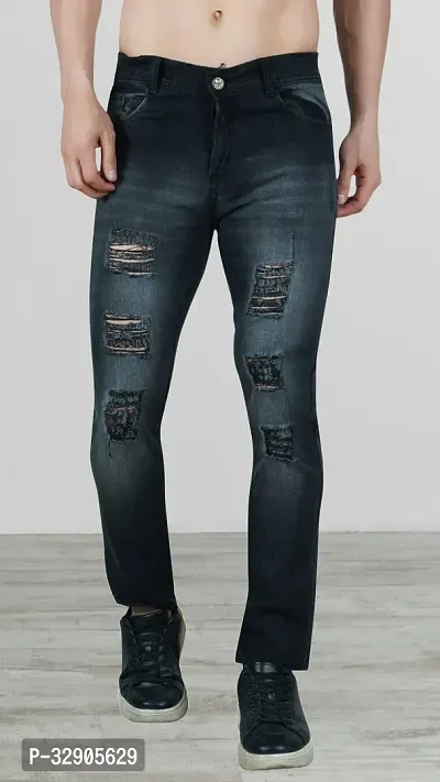 Elegant Grey Denim Distress Mid-Rise Jeans For Men