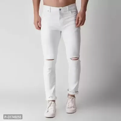 Stylish White Denim Solid Mid-Rise Jeans For Men-thumb0