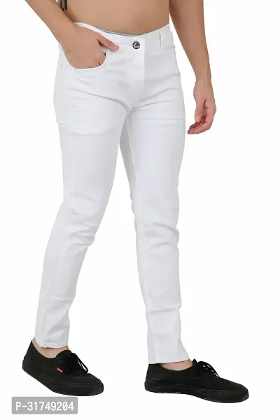 Stylish White Cotton Blend Solid Mid-Rise Jeans For Men-thumb0