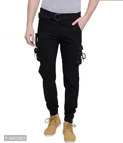 Fancy Black Solid Cotton Blend Cargo Pant For Men-thumb0