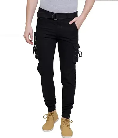 Stylish Black Cotton Blend Regular Fit Solid Cargo Pant For Men