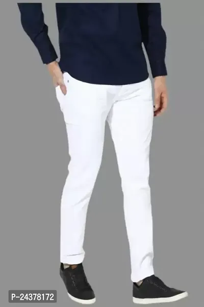 Men Slim White Plain Jeans-thumb0