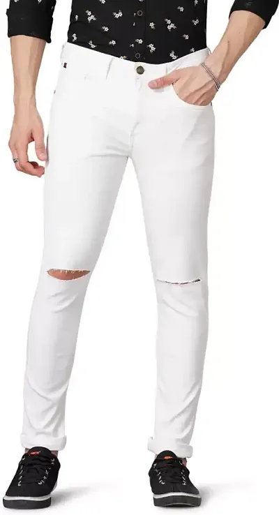 Men Slim Mid Rise White Knee Distress Jeans