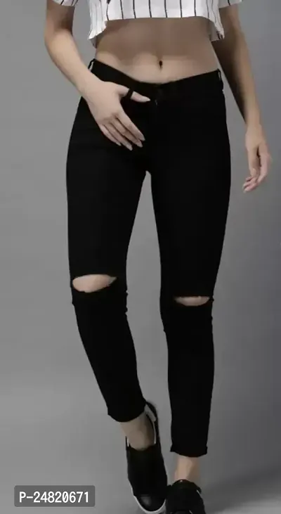 Slim Women Black Knee Cut Jeans 1 Button-thumb0