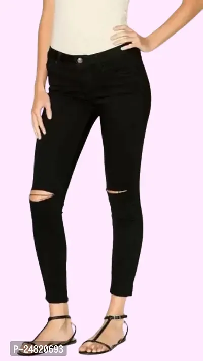 Fashion Women Black Knee Cut Jeans 1 Button-thumb0