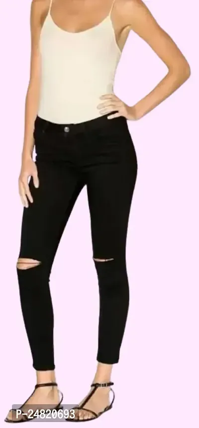 Fashion Women Black Knee Cut Jeans 1 Button-thumb3